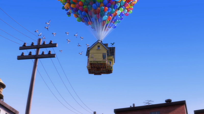 architecture, low angle view, motion, flying, air vehicle, blue, day, clear sky, 1080P, parachute, nature, sky, no people, movies, cable, mid-air, animated movies