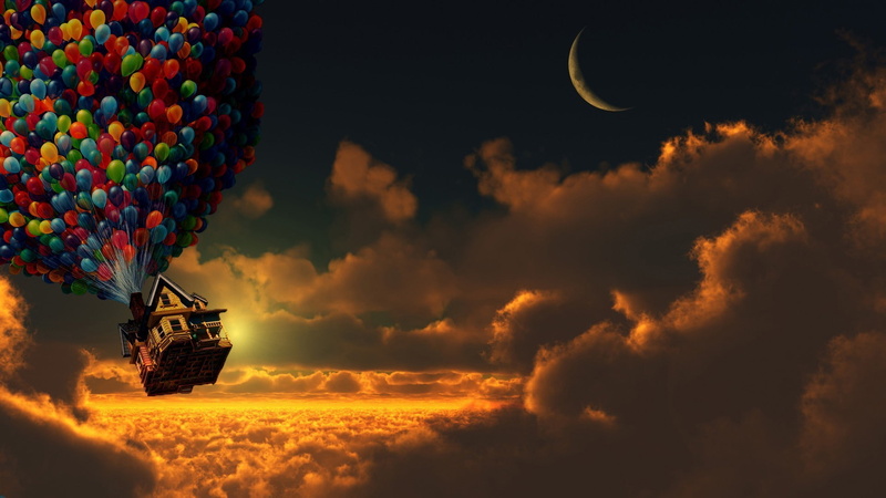 movies, outdoors, tranquility, nature, Pixar Animation Studios, tranquil scene, moon, sunset, scenics - nature, clouds, basket, idyllic, 1080P, balloon