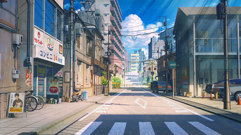 anime, 1080P, house, street, sky, clouds, Japan, bycicle