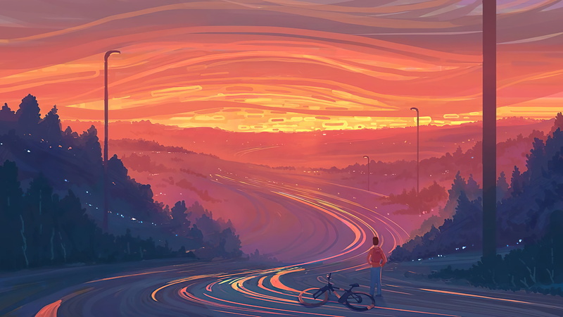 sunset, landscape, bycicle, highway, artwork, street light, 4K