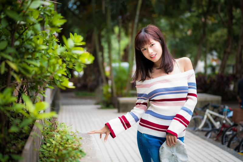 long hair, trees, stripes, depth of field, Asian, Bushes, women, pullover, 5K, brunette, model, bycicle
