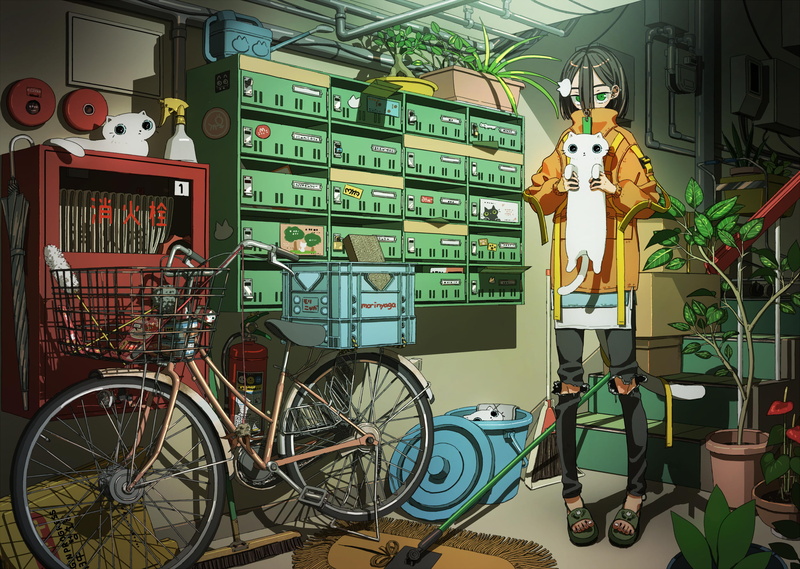 bucket, pipes, bycicle, flowers, anime girls, umbrella, anime, stairs, fire extinguishers, short hair, broom, boxes, dark hair, 1080P, mailbox, ribbons