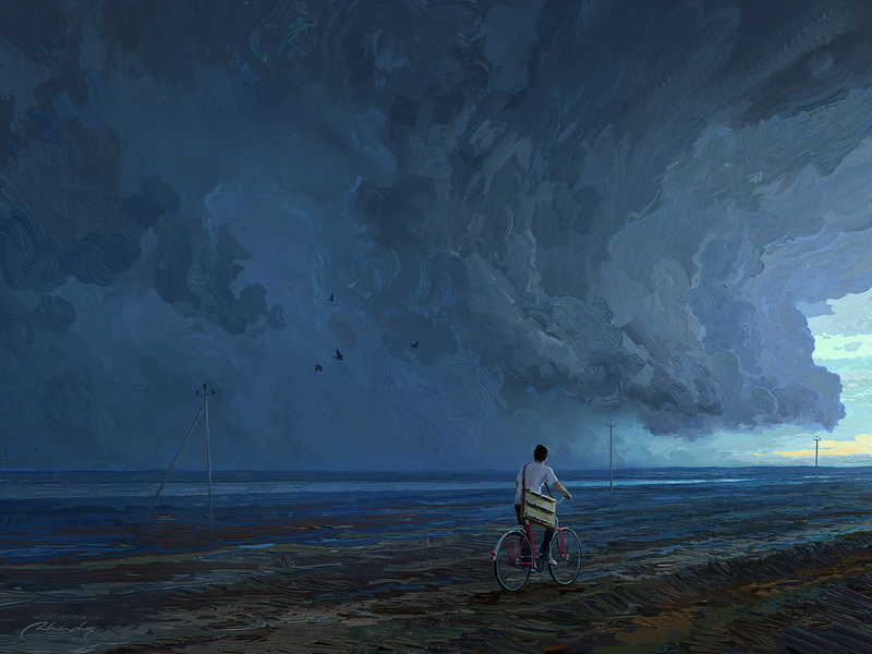 720P, clouds, digital art, bycicle, artwork