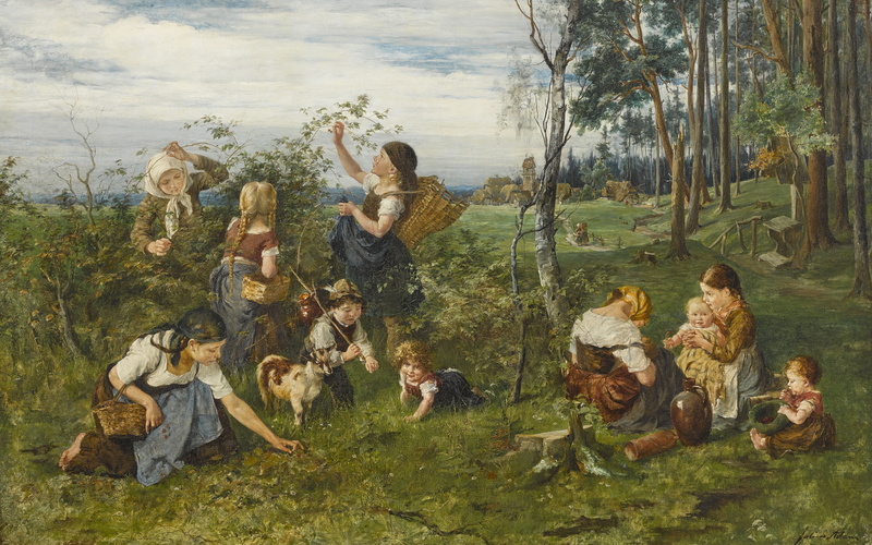 Children pick berries from the edge of the forest, oil on canvas, Julius Anton Adam, Children picking berries at the edge of the forest, 1876, 4K, German painter