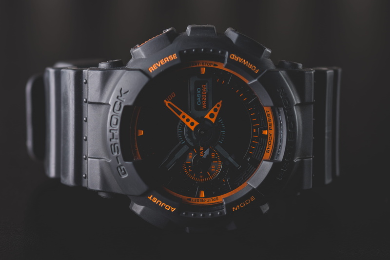 retro styled, indoors, g, number, studio shot, orange, watch, round, wristwatch, shape, casio, photographic equipment, analog, black, photography themes