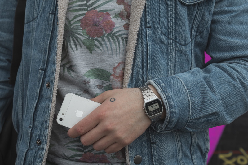 watch, wristwatch, phone, time, technology, apple, real people, adult, mobile, midsection, street, holding, men, casio, one person, day, casual clothing