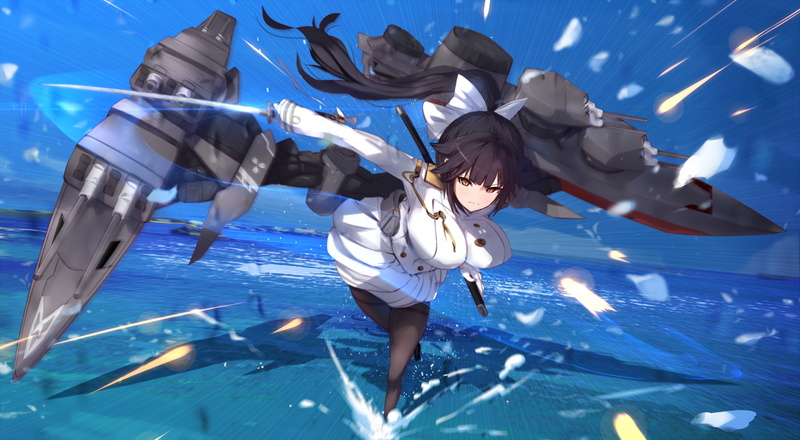 agovitch, pantyhose, water, breasts, com, military, 257429, ponytail, uniform, orange, black, anthropomorphism, lane, takao, eyes, azur, 1080P, konachan