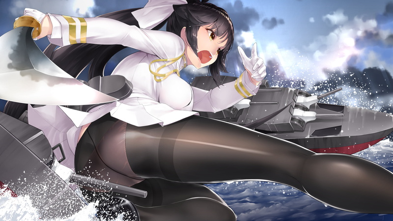 sky, ponytail, underwear, pantyhose, open mouth, panties, clouds, gloves, uniform, weapon, brown eyes, ass, Takao (Azur Lane), katana, 2K, sword, water