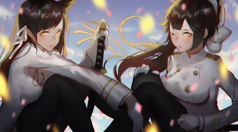 720P, video game girls, white clothing, two women, looking at viewer, Krin, Takao (Azur Lane), sky, artwork, bokeh, illustration, video games, katana
