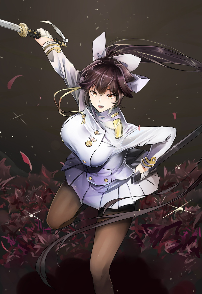 gloves, black hair, bow, Takao (Azur Lane), Azur Lane, sword, headdress, pantyhose, military, ponytail, long hair, uniform, katana, skirt, 2K, simple background
