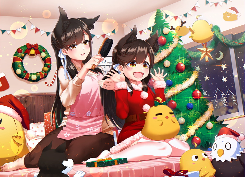 720P, Kagiyama, Christmas Tree, Azur Lane, Christmas, animal ears, anime girls, Atago (Azur Lane), brunette, anime