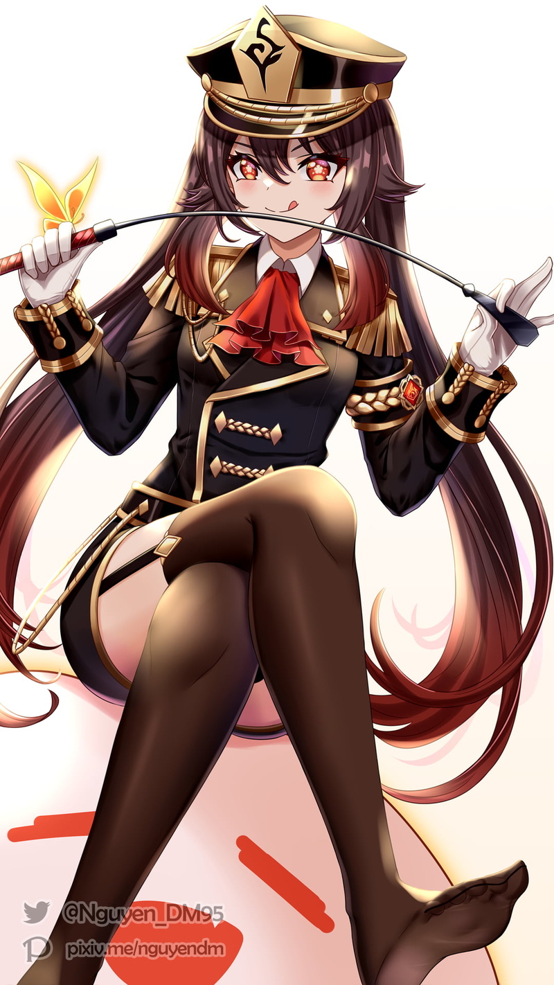 Hu Tao (Genshin Impact), uniform, Nguyen, 1080P, smiling, anime girls, Genshin Impact, black thigh-highs