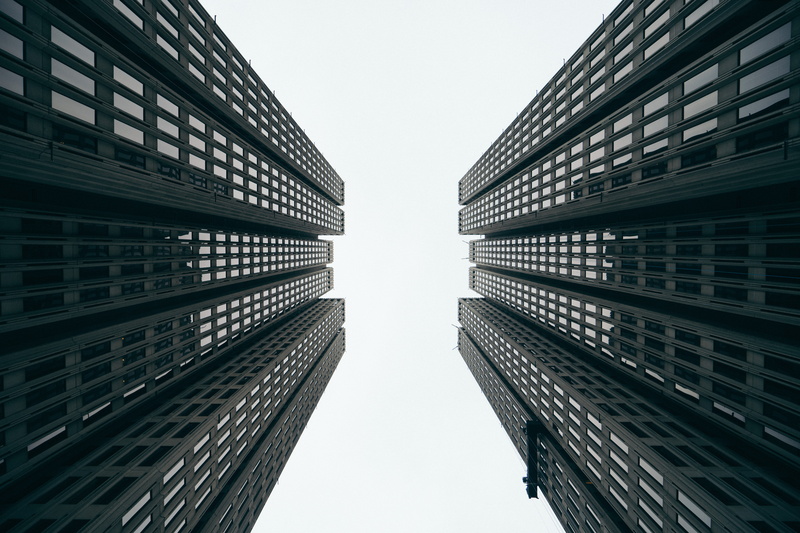 4K, bottom view, skyscrapers, buildings