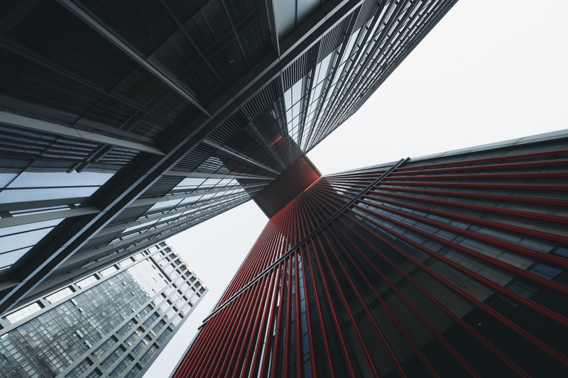 buildings, blue, building, financial district, downtown District, suspension bridge, reflection, architecture, sky, outdoors, office Building, office building exterior