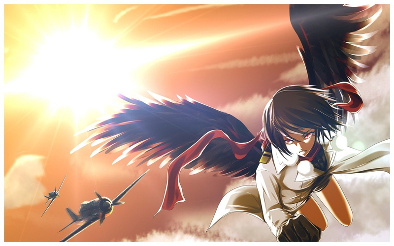 clenched, sunlight, hair, sun, brunettes, games, eyes, shameimaru, flying, anime, clouds, army, video, coat, black, skies, teeth, short, gloves, 720P