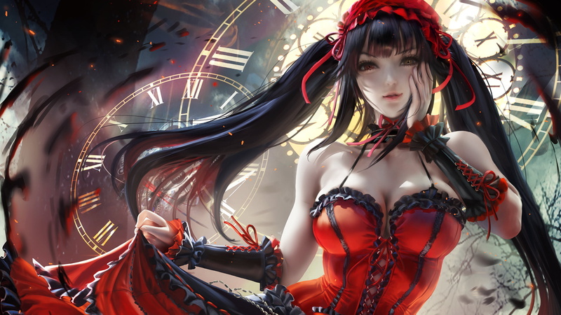 artwork, manga, ribbons, twintails, trees, anime, Roman numerals, looking at viewer, anime girls, Date A Live, plants, red ribbons, smiling, Tokisaki Kurumi