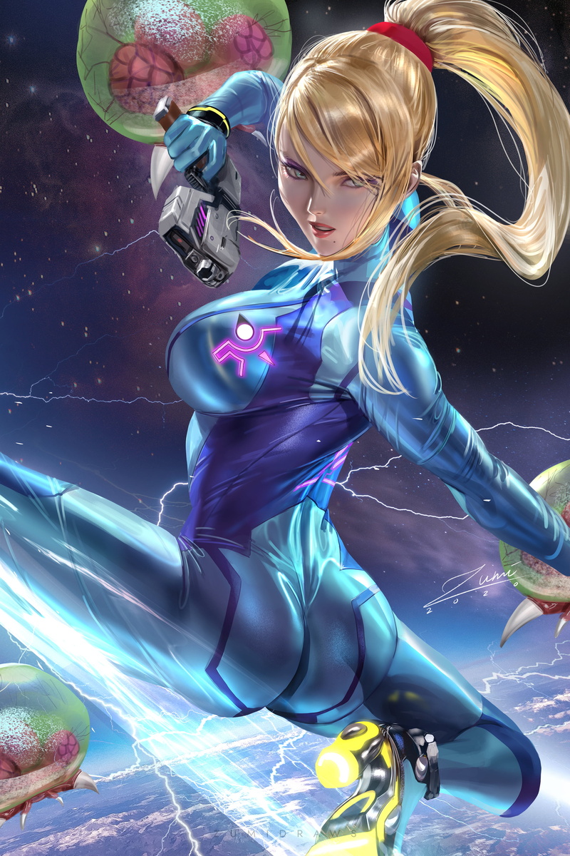 vertical, digital art, fantasy girl, weapon, blonde, women, Zero Suit Samus, fantasy art, fan art, portrait display, video game art, video games, Zumi