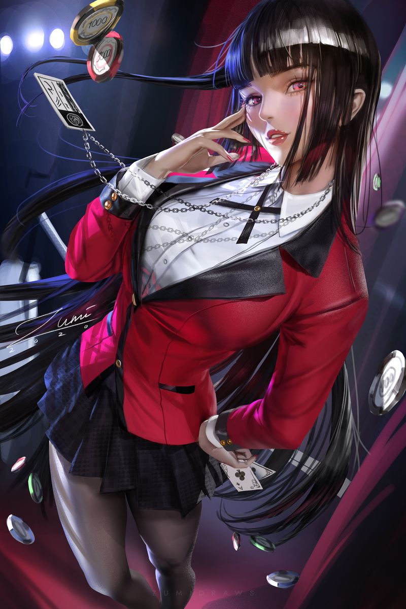 2K, bangs, Zumi, cards, Kakegurui, anime, poker, long hair, hair blowing in the wind, fan art, poker chips, red eyes, Fingers on cheeck, Jabami Yumeko