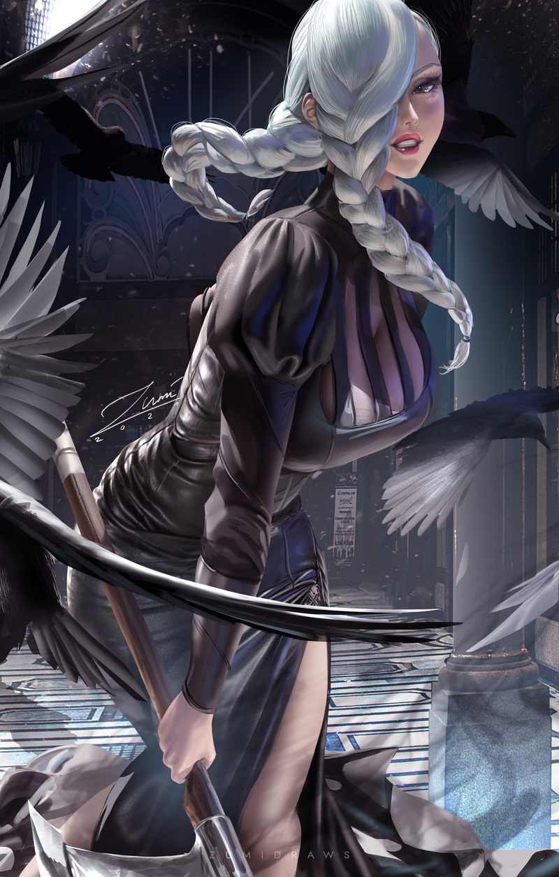 illustration, fan art, braids, Jujutsu Kaisen, artwork, raven, parted lips, dress, braided hair, digital art, Mei Mei (Jujutsu Kaisen), black dress, Zumi