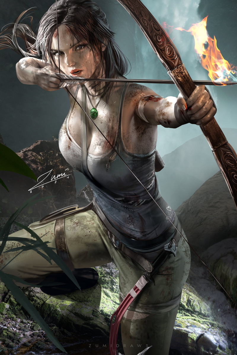 2K, illustration, video game girls, tank top, drawing, dirty, Lara Croft, necklace, Zumi, bow, video games, cleavage, arrows, fire, artwork, fan art, brunette