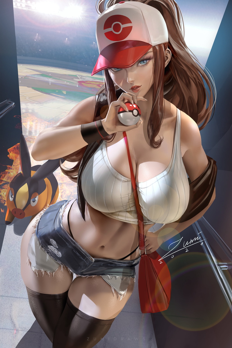 Hilda, Pokéballs, fantasy art, anime girls, vertical, artwork, 2K, looking at viewer, portrait display, zumidraws, fan art, digital art, illustration