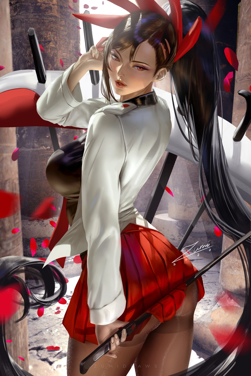 black hair, ponytail, Tower of God, digital art, skirt, drawing, portrait display, white clothing, fan art, anime girls, artwork, Ha Yuri Zahrad, anime