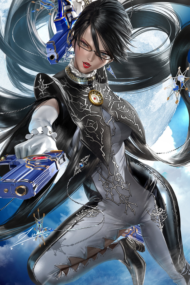 gloves, gun, fantasy girl, digital art, vertical, black hair, Bayonetta, illustration, artwork, fantasy art, looking at viewer, 2K, video games, zumidraws