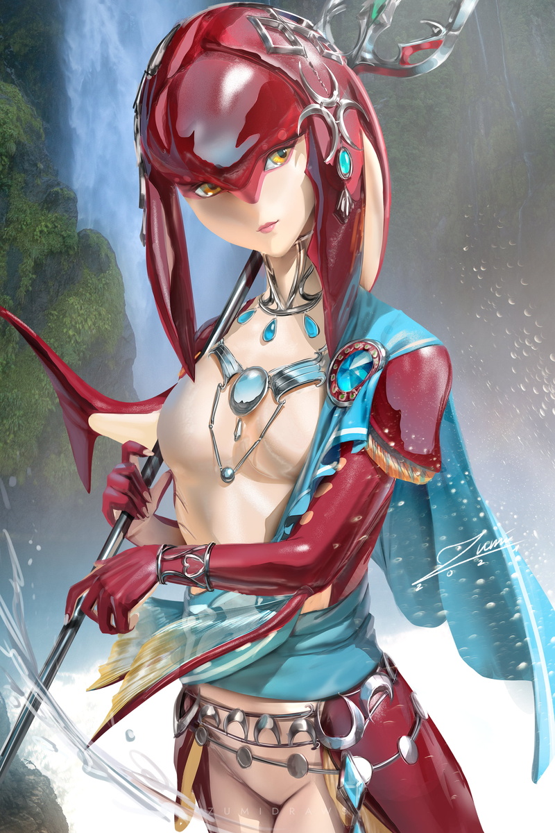 Mipha, video game characters, drawing, zumidraws, Zelda Breath of the Wild, fan art, digital art, vertical, water, illustration, Zumi, fantasy art, fantasy girl