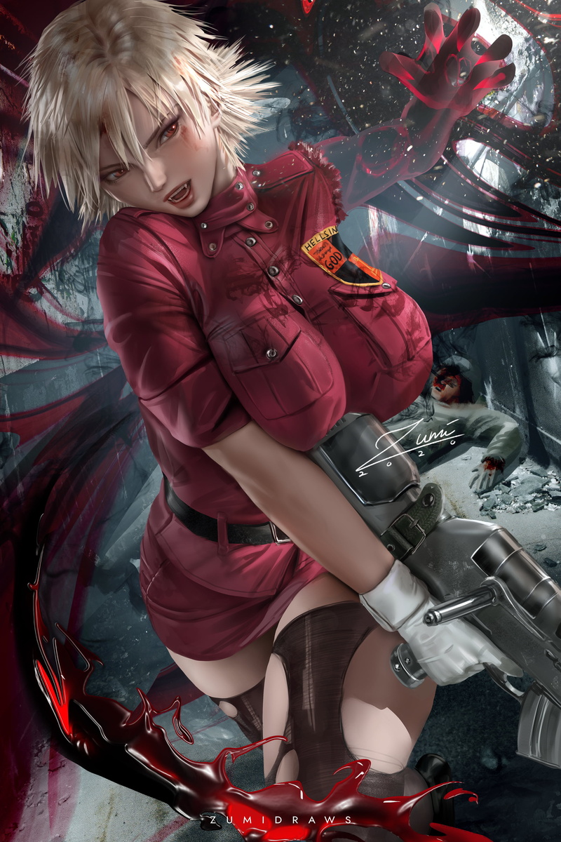 illustration, zumidraws, Seras Victoria, fan art, digital art, artwork, anime girls, anime, 2K, short hair, Hellsing, Zumi, blonde