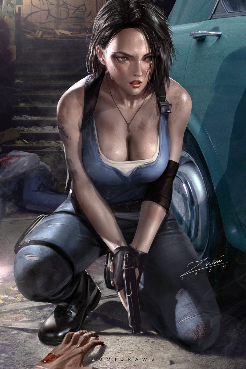 Resident evil 3, women, Resident Evil, weapon, vertical, cleavage, zumidraws, Zumi, 2K, fingerless gloves, jeans, video game girls, Resident Evil 3 Remake