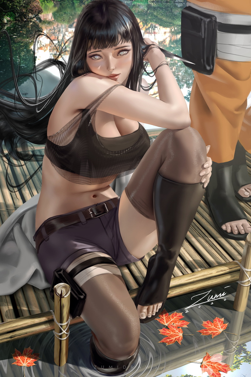 dagger, anime girls, weapon, illustration, vertical, looking at viewer, fan art, portrait display, Hyuuga Hinata, 2K, jean shorts, Zumi, thigh-highs, drawing