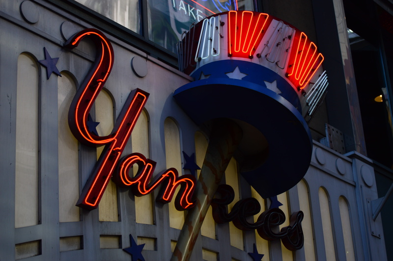 sign, close-up, building exterior, low angle view, western script, red, illuminated, manhattan, united states, capital letter, patriotism, emotion, outdoors