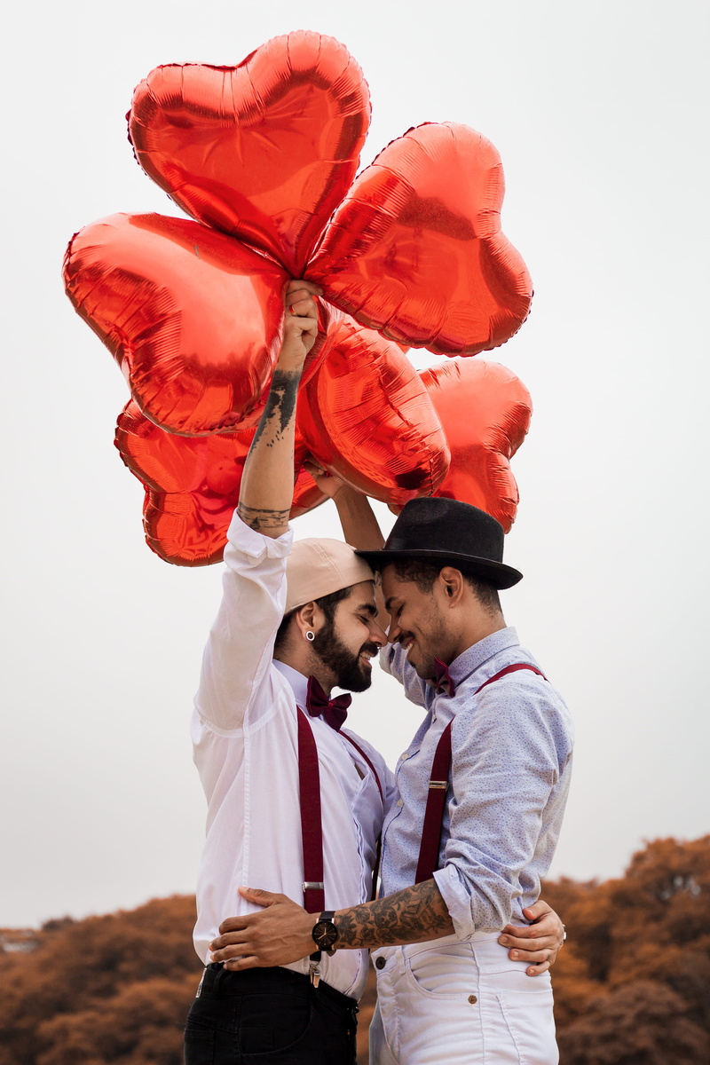 young adult, standing, another, men, positive emotion, outdoors, happiness, togetherness, people, couple, balloons, young men, love, bonding, leisure activity