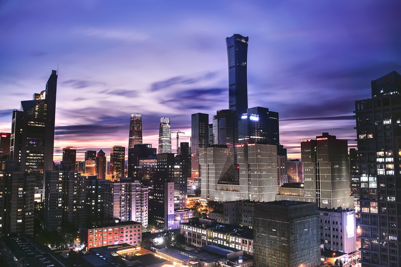 modern, downtown District, river, 灯光, tower, uSA, cityscape, high, rise, 中国尊, 晴朗, illuminated, black, twilight, purple, sunset, architecture, evening, 建筑群