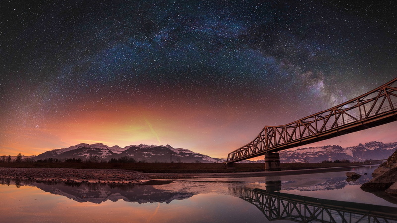Switzerland, tranquility, astronomy, scenics - nature, nature, night, bridge, no people, stars, beauty in nature, connection, mountain, bridge - man made structure