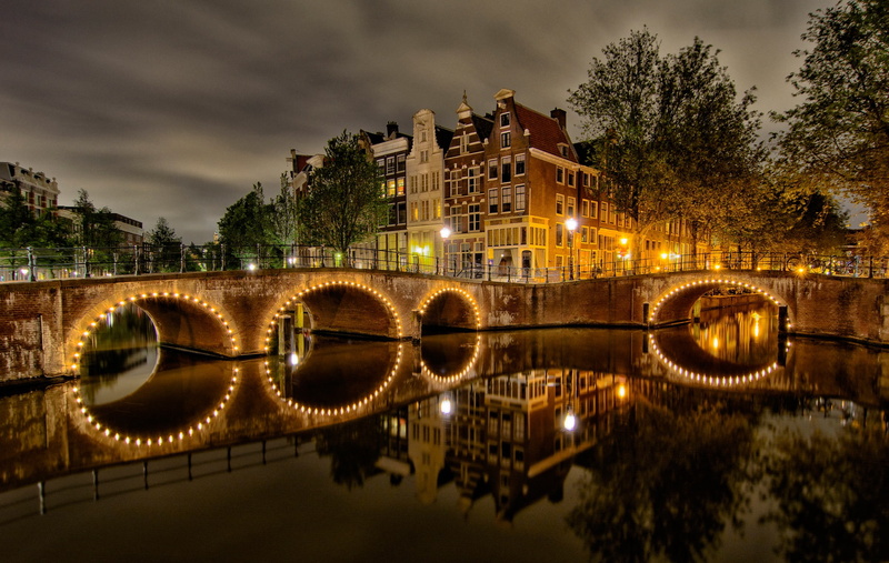view, arch, the fence, Amsterdam, water, 1080P, light bulb, landscape, river, architecture, channel, clouds, twilight, the evening, street, home, lights