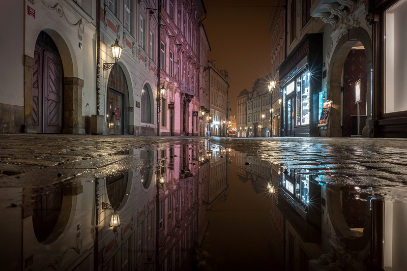 Czech Republic, water, lights, night, reflection, 2K, Prague, street, puddles, home
