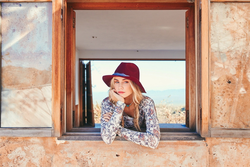 fashion, clothing, young women, blonde, model, window, hat, beautiful woman, front view, Scarlett Leithold, leisure activity, sitting, young adult, casual clothing