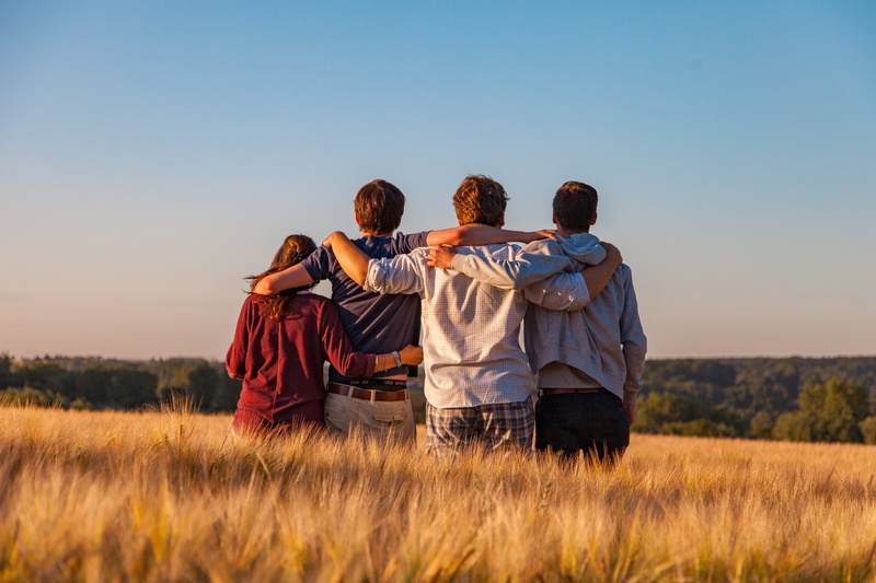 men, yellow, people, standing, view, friends, climate, young people, group, sunlight, emotion, landscape, rear view, cool, relax, summer, togetherness