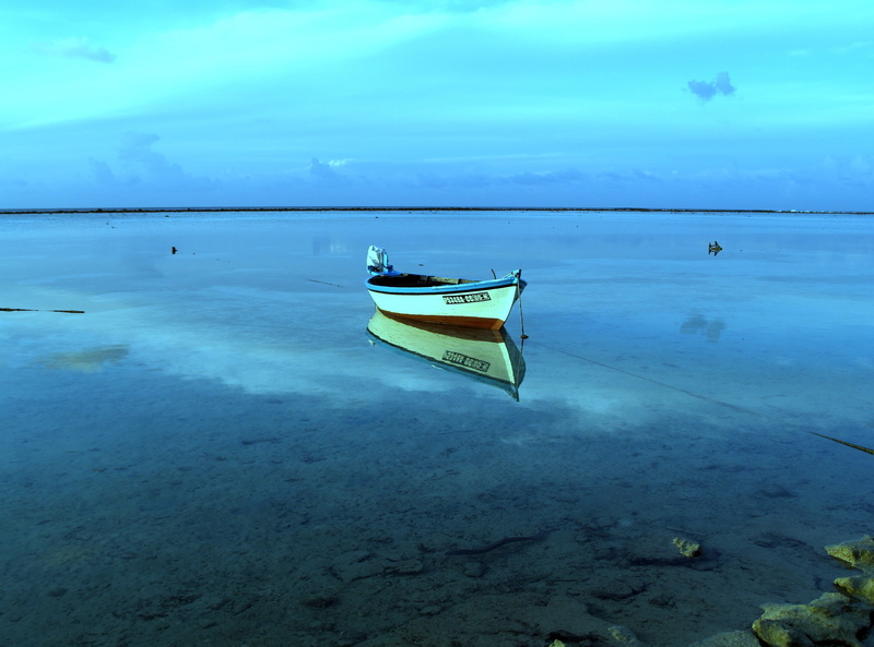 Nature, transportation, cloud - sky, blue, Tranquility, wooden, moored, rowboat, Beach, scenics - nature, shallow, horizon, horizon over water, day, no people