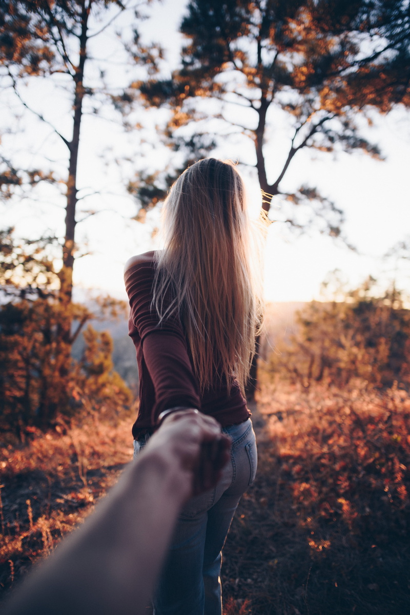 nature, land, outdoors, sky, someone, holding, sunset, human arm, long hair, leisure activity, blond hair, plant, tree, forest, woman, day, lifestyles