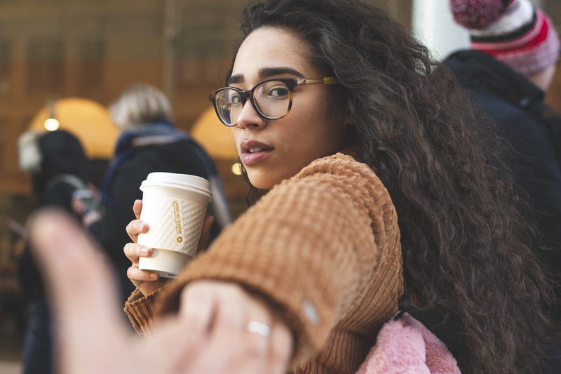hand, mug, young adult, portrait, beverage, brunette, s, hairstyle, leisure activity, 5K, coffee, holding hands, sunglasses, someone, drinking, hair, coffee - drink