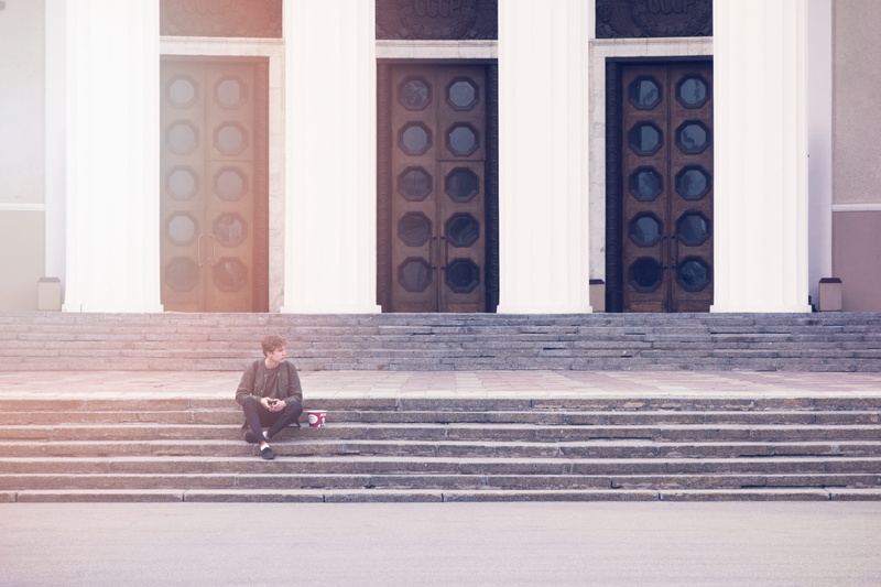 waiting, stair, person, built structure, building, architecture, door, full length, stairs, concrete, side view, daytime, staircase, one person, outdoors