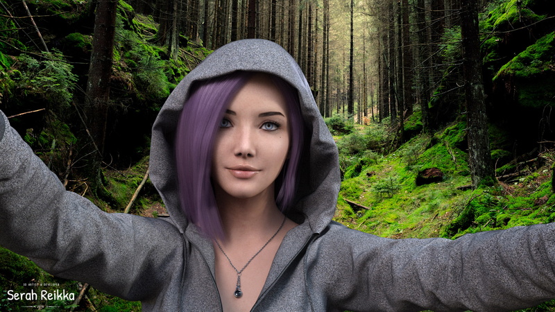 hairstyle, land, outdoors, beautiful woman, plant, real people, one person, lifestyles, woodland, hoods, portrait, 3d design, render, 1080P, tree, young adult