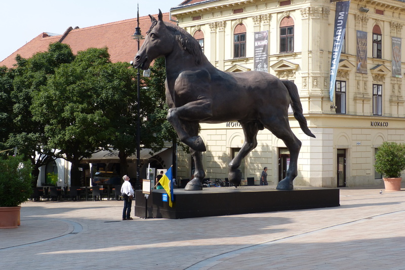 outdoors, statue, day, square, monument, looking at, domestic animals, building exterior, mammal, pecs, symbol, herbivorous, architecture, incidental people