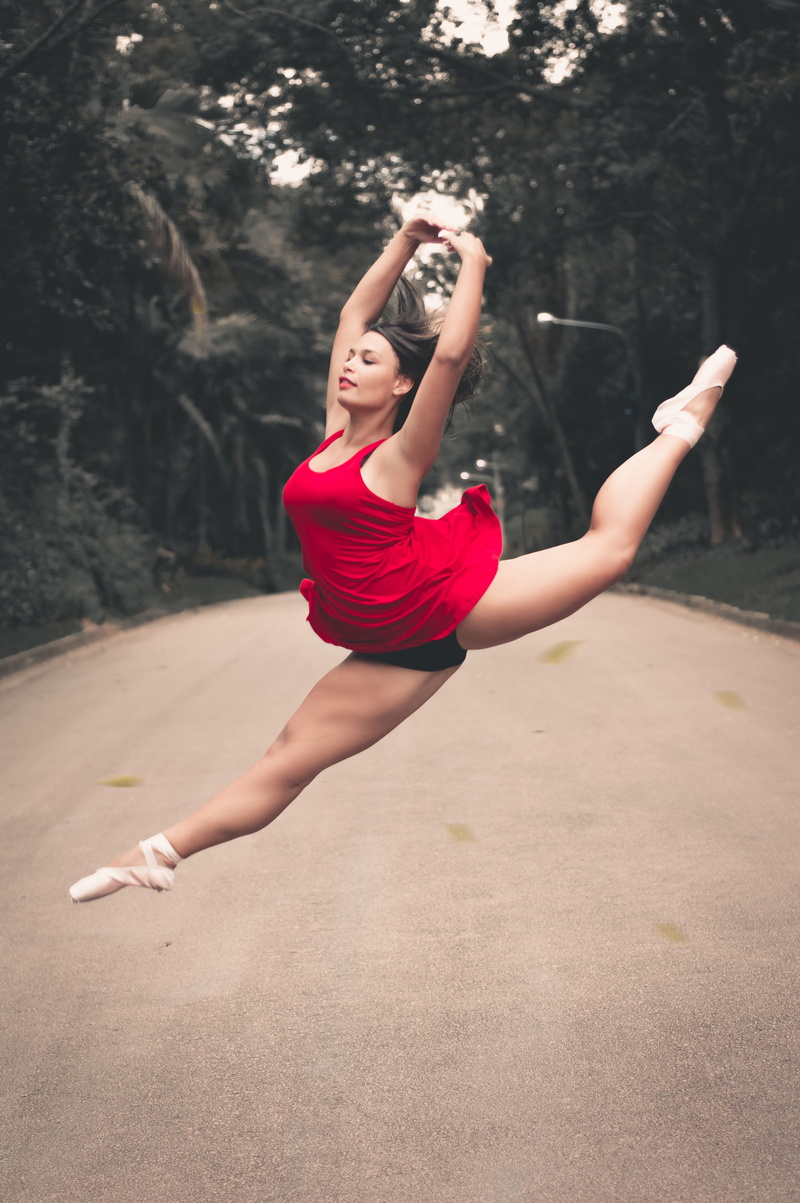 full length, dancing, split jump, red, ballet dancer, dancer, road, nature, 5K, leisure activity, land, woman, agility, jumping, active, lifestyles, casual clothing