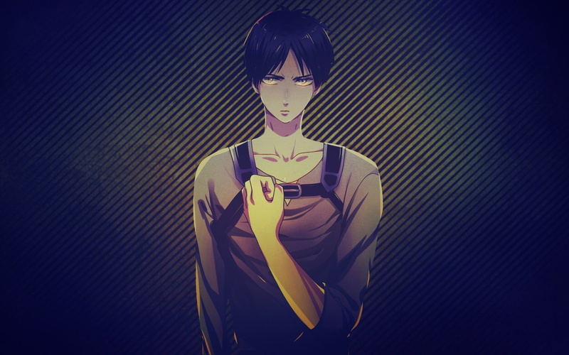 looking at camera, Eren Jeager, real people, young women, male, waist up, anime boys, character, front view, three quarter length, standing, portrait, Shingeki no Kyojin
