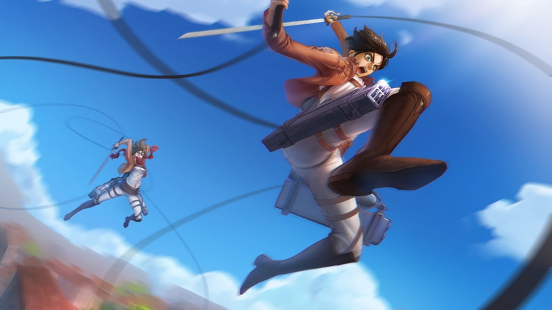 limb, day, happiness, positive emotion, blue, 1080P, people, men, nature, sky, Shingeki no Kyojin, human arm, full length, jumping, motion, Eren Jeager