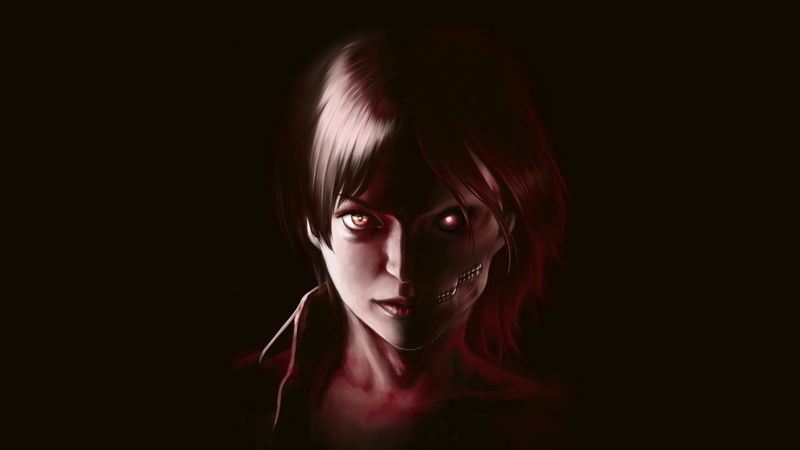 young adult, portrait, evil, adult, 1080P, hairstyle, close-up, halloween, fear, looking at camera, front view, Shingeki no Kyojin, anime, beautiful woman