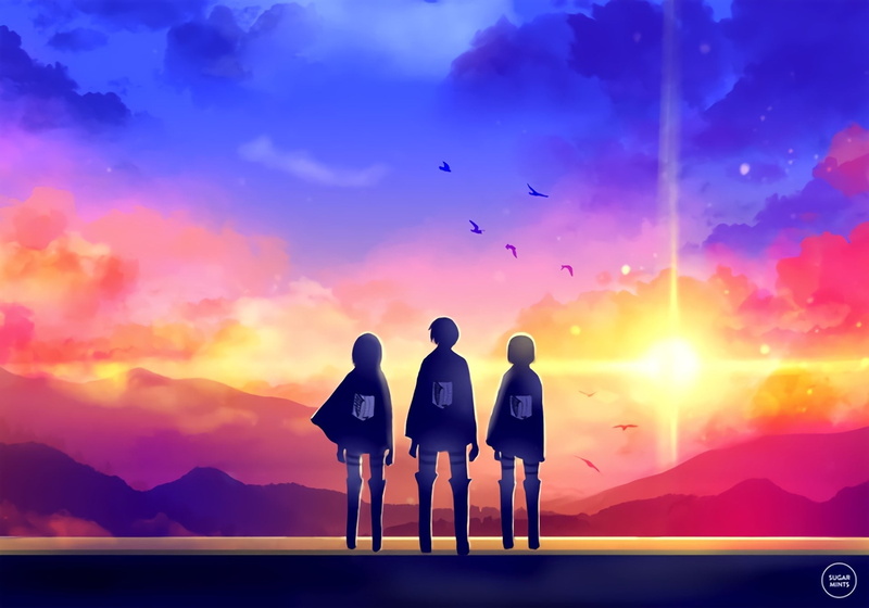 lifestyles, sunset, flying, beauty in nature, outdoors, vertebrate, Anime, bird, men, Eren Yeager, nature, real people, Mikasa Ackerman, people, standing